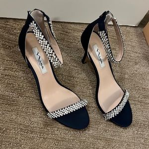 Nina heels (Women’s New Navy Satin Ankle-Strap Mid-Heel Evening Sandal)